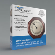 Load image into Gallery viewer, DayClocks Day-of-the-Week 10" Wall Clock with Mahogany Wood Frame