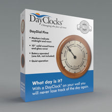 Load image into Gallery viewer, DayClocks Day-of-the-Week 10" Wall Clock with Pine Wood Frame