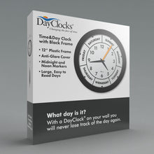 Load image into Gallery viewer, 12" Modern Black Time & Day-of-the-Week Wall Clock