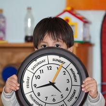 Load image into Gallery viewer, 12" Modern Black Time & Day-of-the-Week Wall Clock