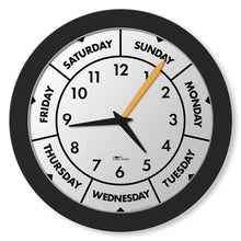 Load image into Gallery viewer, 12&quot; Modern Black Time &amp; Day-of-the-Week Wall Clock
