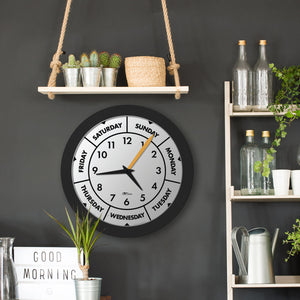 12" Modern Black Time & Day-of-the-Week Wall Clock