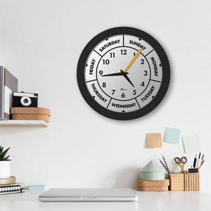 12" Modern Black Time & Day-of-the-Week Wall Clock
